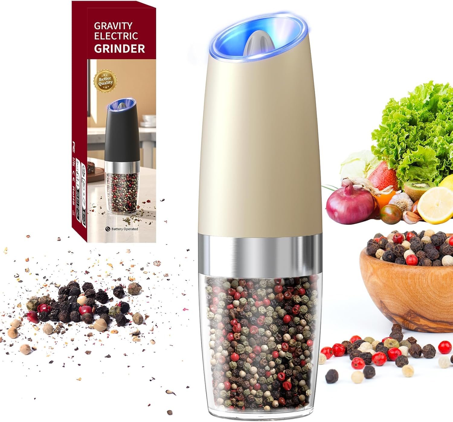 CIRCLE JOY Gravity - Juego de molinillo eléctrico de sal y pimienta con luz LED, funciona con pilas, grosor ajustable, gran capacidad, para el hogar, cocina, barbacoa - Imagen 30