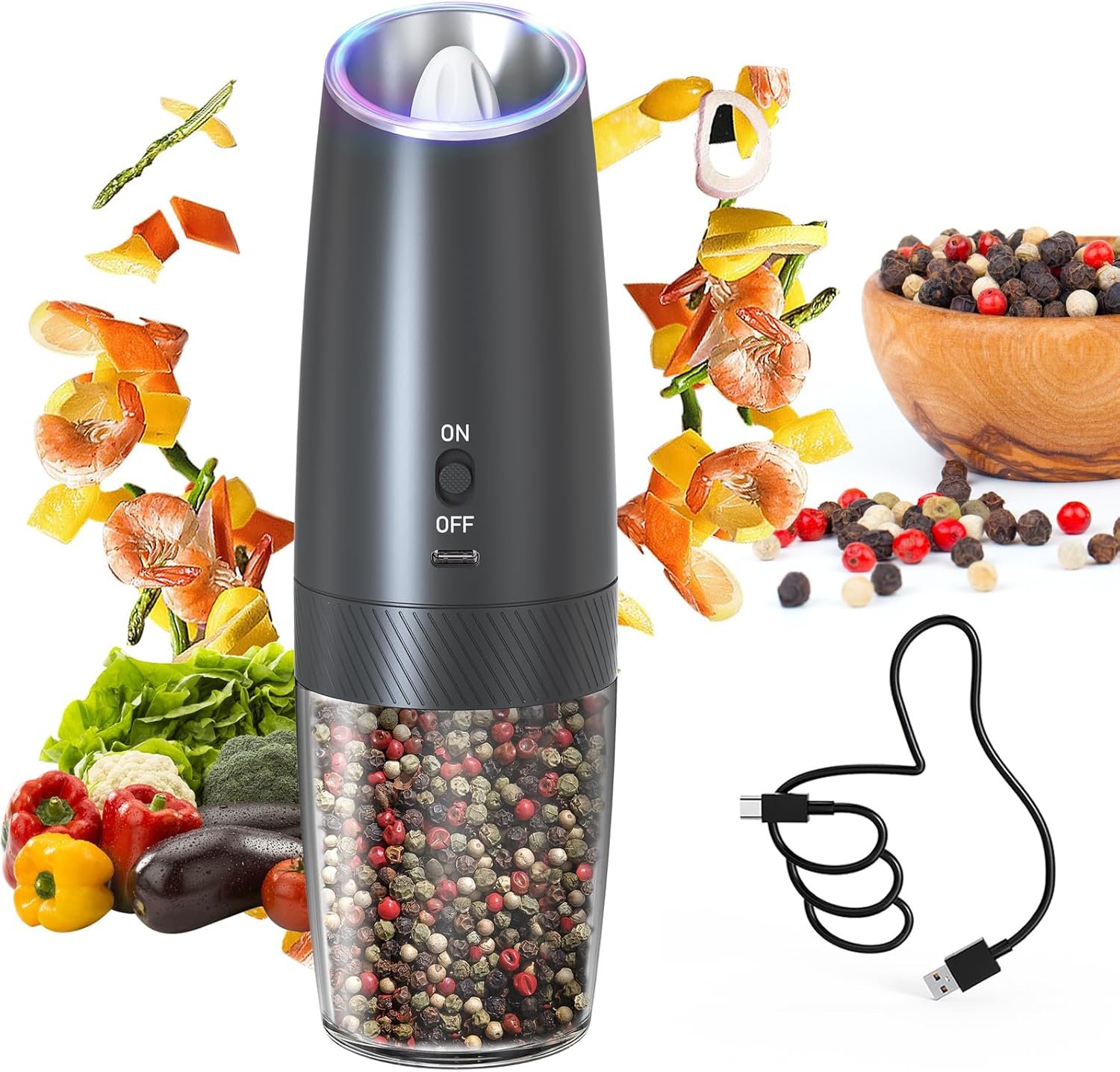 CIRCLE JOY Gravity - Juego de molinillo eléctrico de sal y pimienta con luz LED, funciona con pilas, grosor ajustable, gran capacidad, para el hogar, cocina, barbacoa - Imagen 34