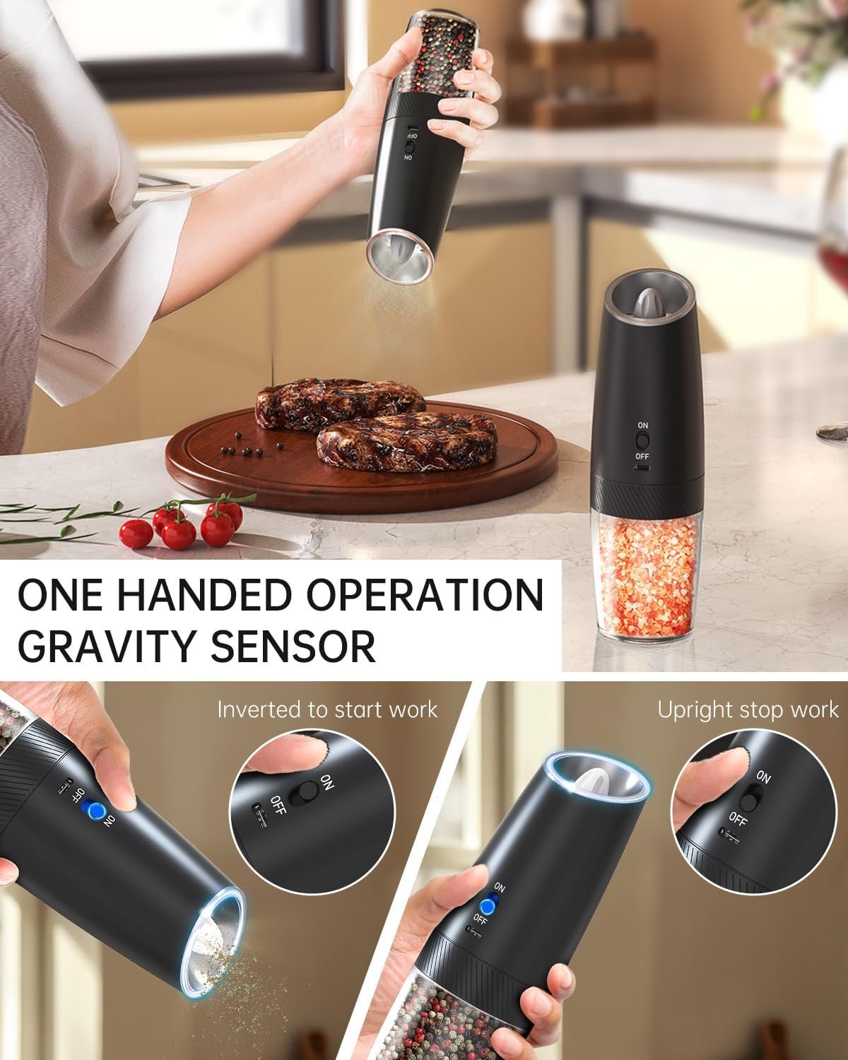 CIRCLE JOY Gravity - Juego de molinillo eléctrico de sal y pimienta con luz LED, funciona con pilas, grosor ajustable, gran capacidad, para el hogar, cocina, barbacoa - Imagen 37