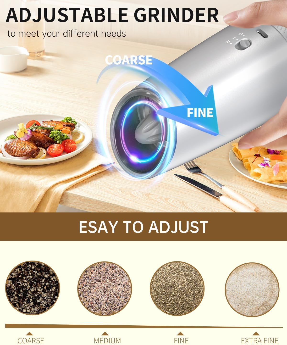 CIRCLE JOY Gravity - Juego de molinillo eléctrico de sal y pimienta con luz LED, funciona con pilas, grosor ajustable, gran capacidad, para el hogar, cocina, barbacoa - Imagen 45