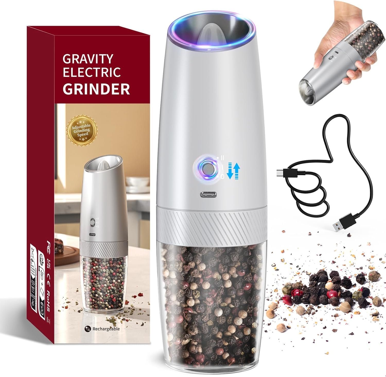 CIRCLE JOY Gravity - Juego de molinillo eléctrico de sal y pimienta con luz LED, funciona con pilas, grosor ajustable, gran capacidad, para el hogar, cocina, barbacoa - Imagen 49