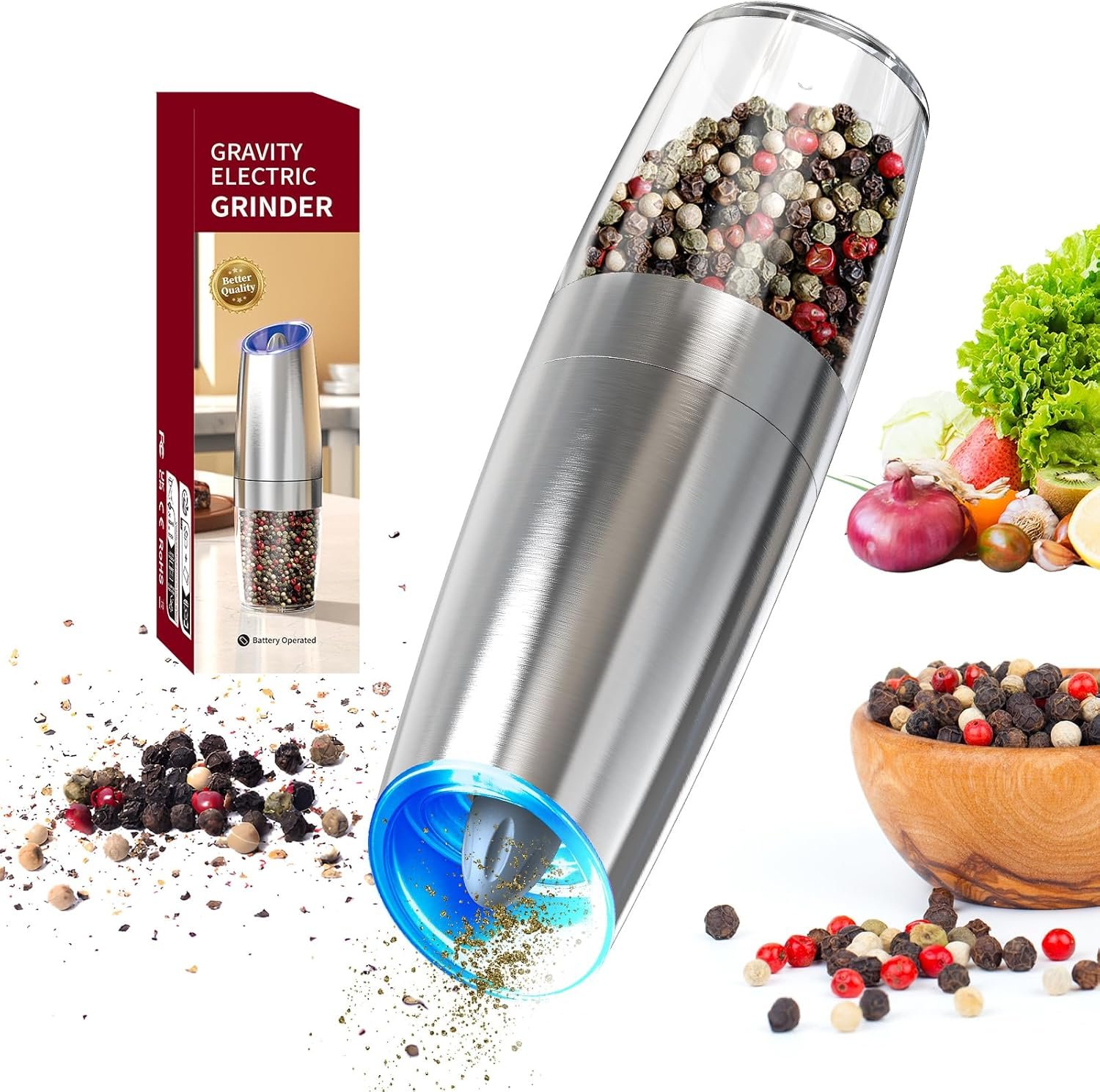 CIRCLE JOY Gravity - Juego de molinillo eléctrico de sal y pimienta con luz LED, funciona con pilas, grosor ajustable, gran capacidad, para el hogar, cocina, barbacoa - Imagen 52