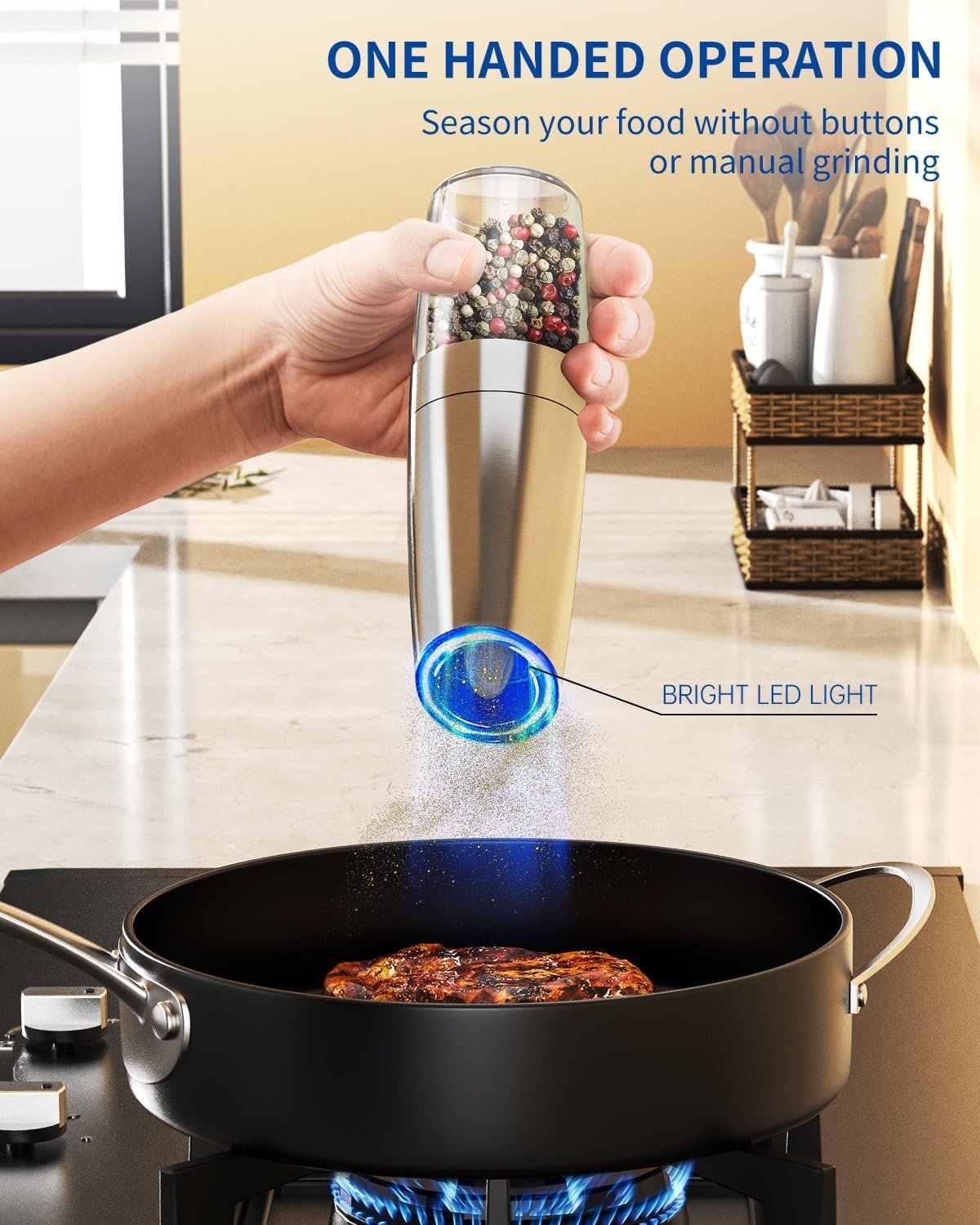 CIRCLE JOY Gravity - Juego de molinillo eléctrico de sal y pimienta con luz LED, funciona con pilas, grosor ajustable, gran capacidad, para el hogar, cocina, barbacoa - Imagen 54