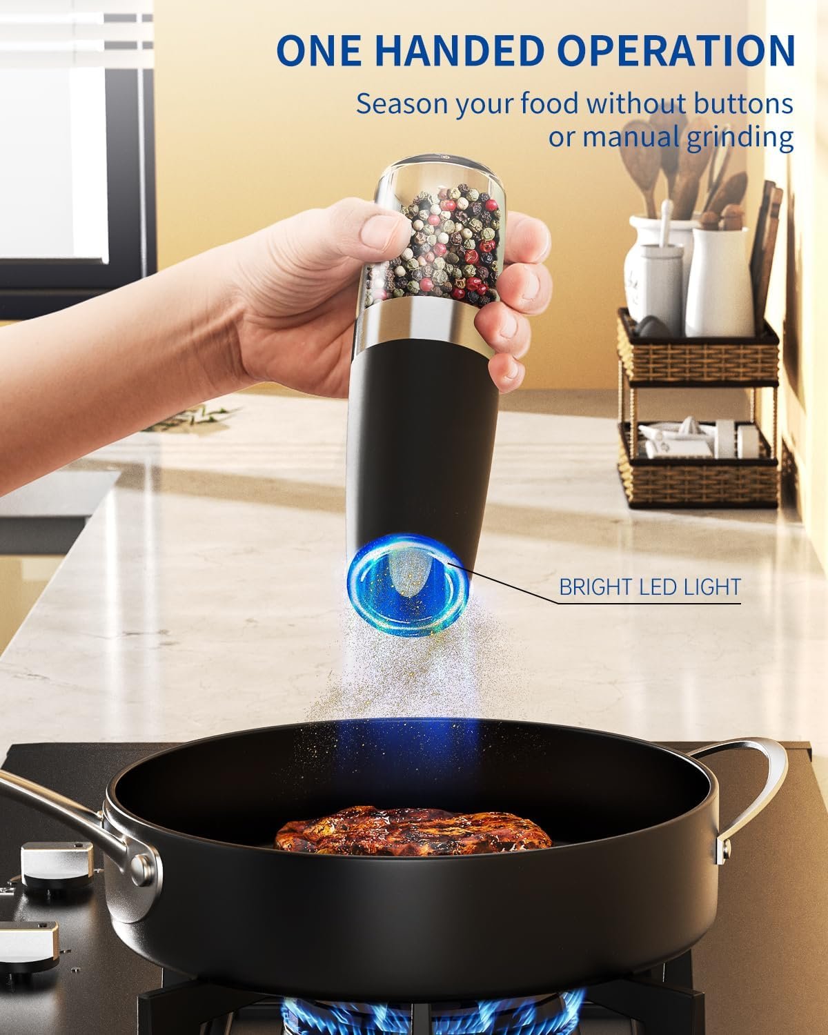 CIRCLE JOY Gravity - Juego de molinillo eléctrico de sal y pimienta con luz LED, funciona con pilas, grosor ajustable, gran capacidad, para el hogar, cocina, barbacoa - Imagen 64