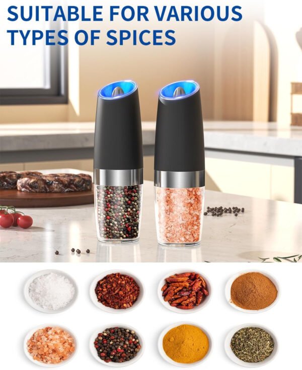 CIRCLE JOY Gravity - Juego de molinillo eléctrico de sal y pimienta con luz LED, funciona con pilas, grosor ajustable, gran capacidad, para el hogar, cocina, barbacoa - Imagen 65