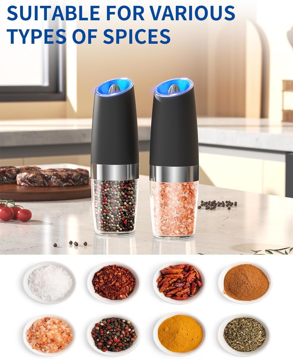 CIRCLE JOY Gravity - Juego de molinillo eléctrico de sal y pimienta con luz LED, funciona con pilas, grosor ajustable, gran capacidad, para el hogar, cocina, barbacoa - Imagen 65