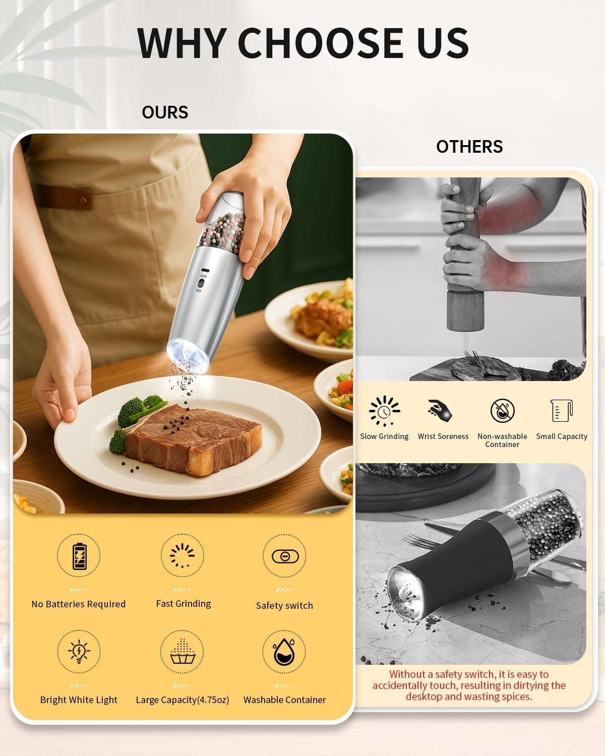 CIRCLE JOY Gravity - Juego de molinillo eléctrico de sal y pimienta con luz LED, funciona con pilas, grosor ajustable, gran capacidad, para el hogar, cocina, barbacoa - Imagen 67