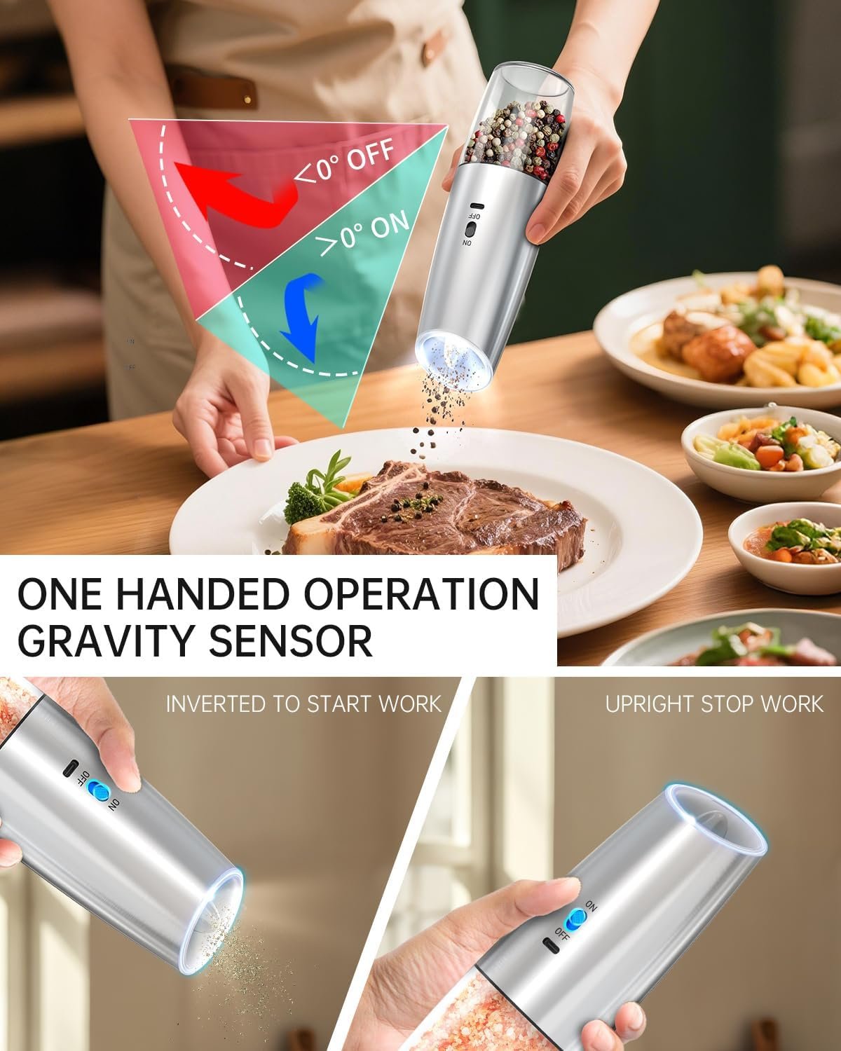 CIRCLE JOY Gravity - Juego de molinillo eléctrico de sal y pimienta con luz LED, funciona con pilas, grosor ajustable, gran capacidad, para el hogar, cocina, barbacoa - Imagen 69