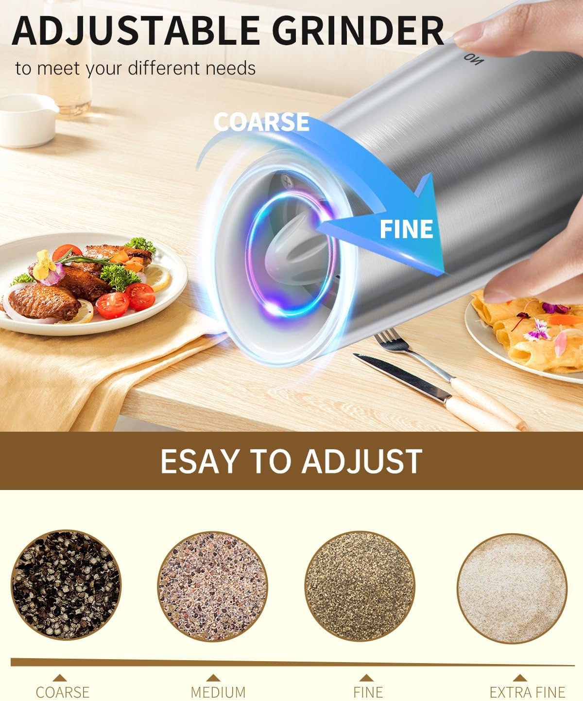 CIRCLE JOY Gravity - Juego de molinillo eléctrico de sal y pimienta con luz LED, funciona con pilas, grosor ajustable, gran capacidad, para el hogar, cocina, barbacoa - Imagen 70