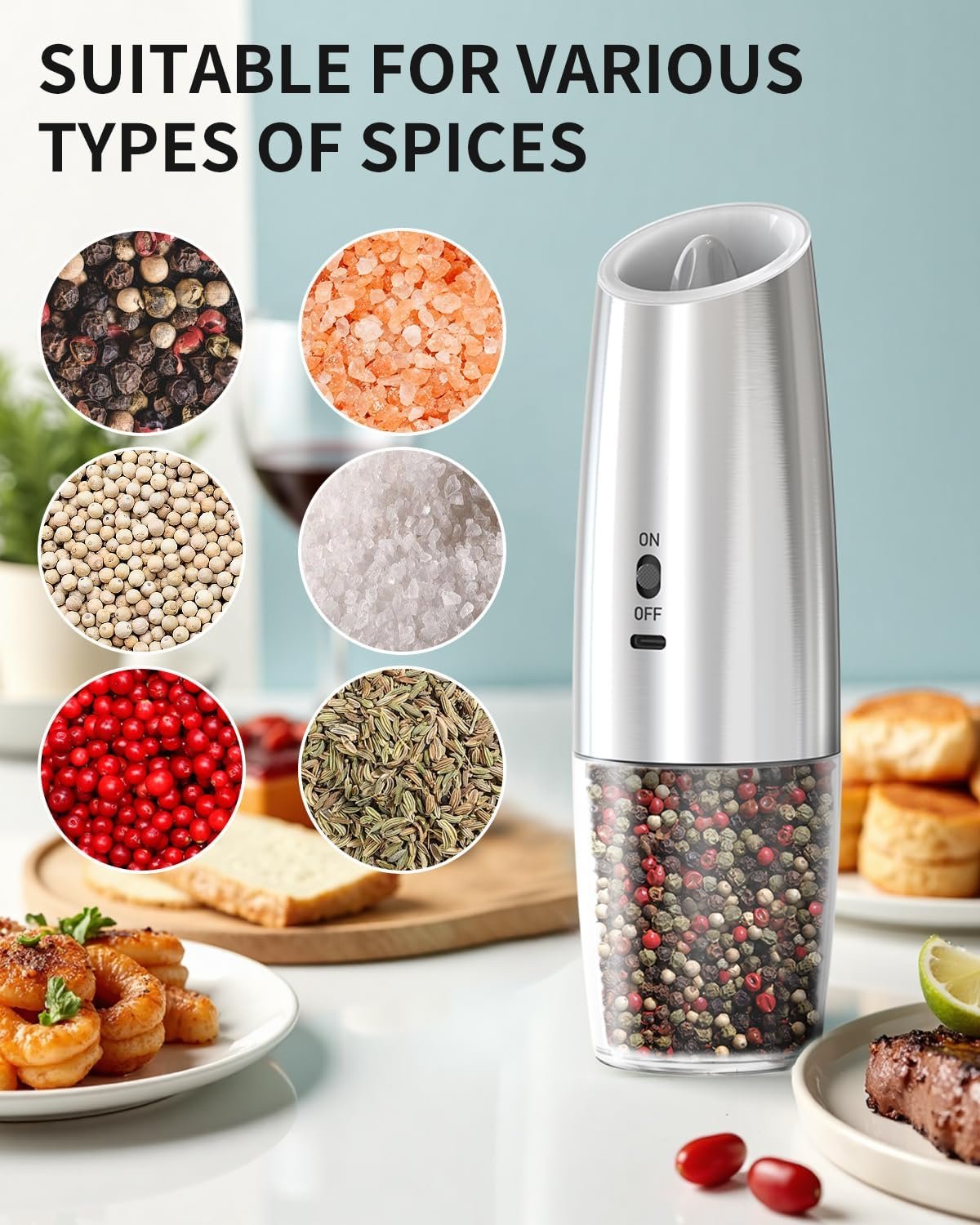 CIRCLE JOY Gravity - Juego de molinillo eléctrico de sal y pimienta con luz LED, funciona con pilas, grosor ajustable, gran capacidad, para el hogar, cocina, barbacoa - Imagen 72