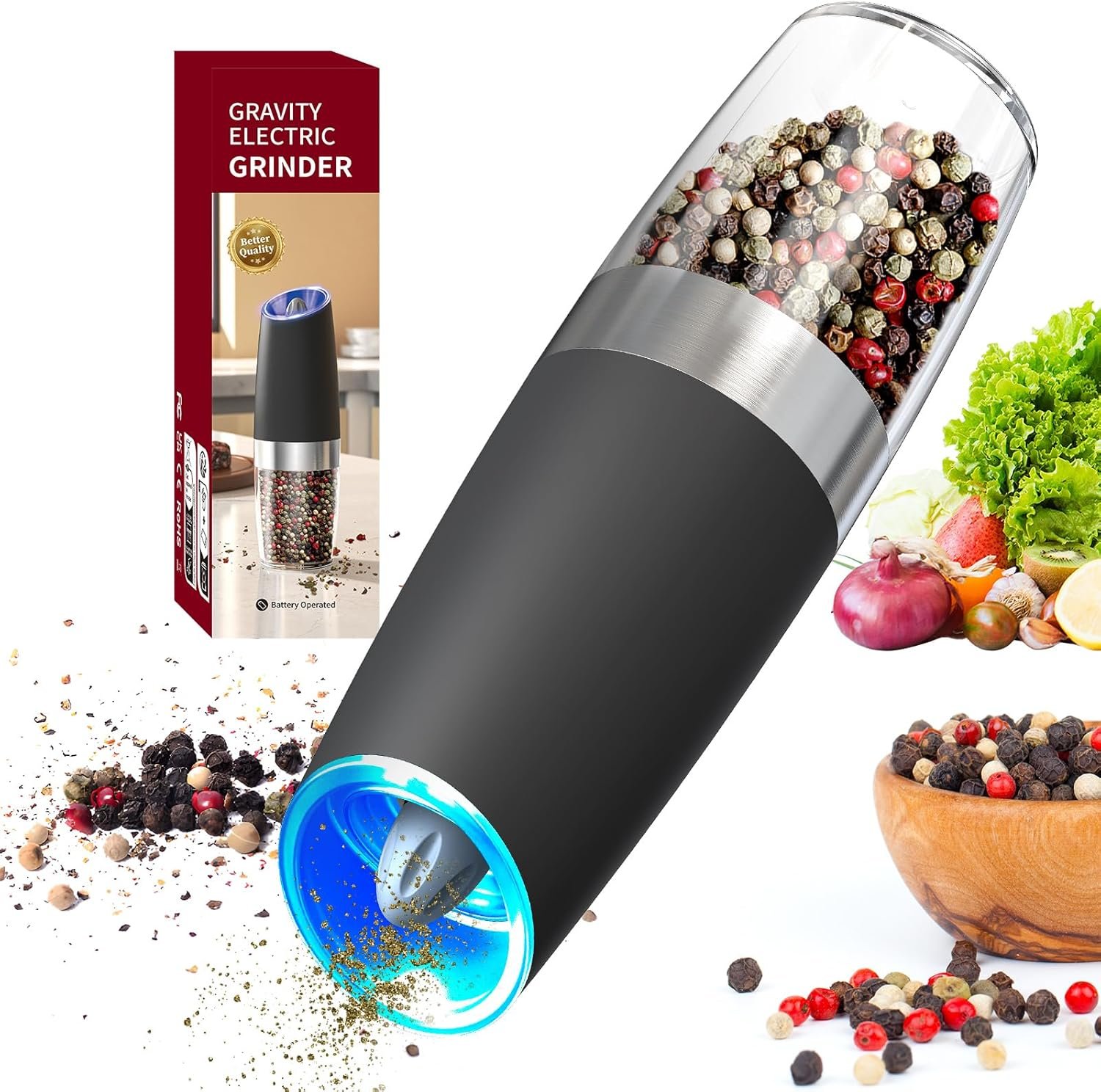 CIRCLE JOY Gravity - Juego de molinillo eléctrico de sal y pimienta con luz LED, funciona con pilas, grosor ajustable, gran capacidad, para el hogar, cocina, barbacoa - Imagen 75