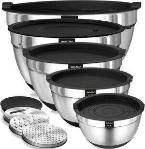 Umite Chef Cuencos para mezclar con tapas herméticas, juego de 8 cuencos de acero inoxidable para mezclar, 3 accesorios para rallar y parte inferior antideslizante, cuencos de cocina negros, tamaño 5,