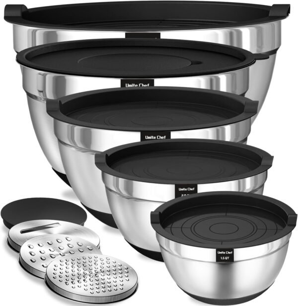Umite Chef Cuencos para mezclar con tapas herméticas, juego de 8 cuencos de acero inoxidable para mezclar, 3 accesorios para rallar y parte inferior antideslizante, cuencos de cocina negros, tamaño 5,