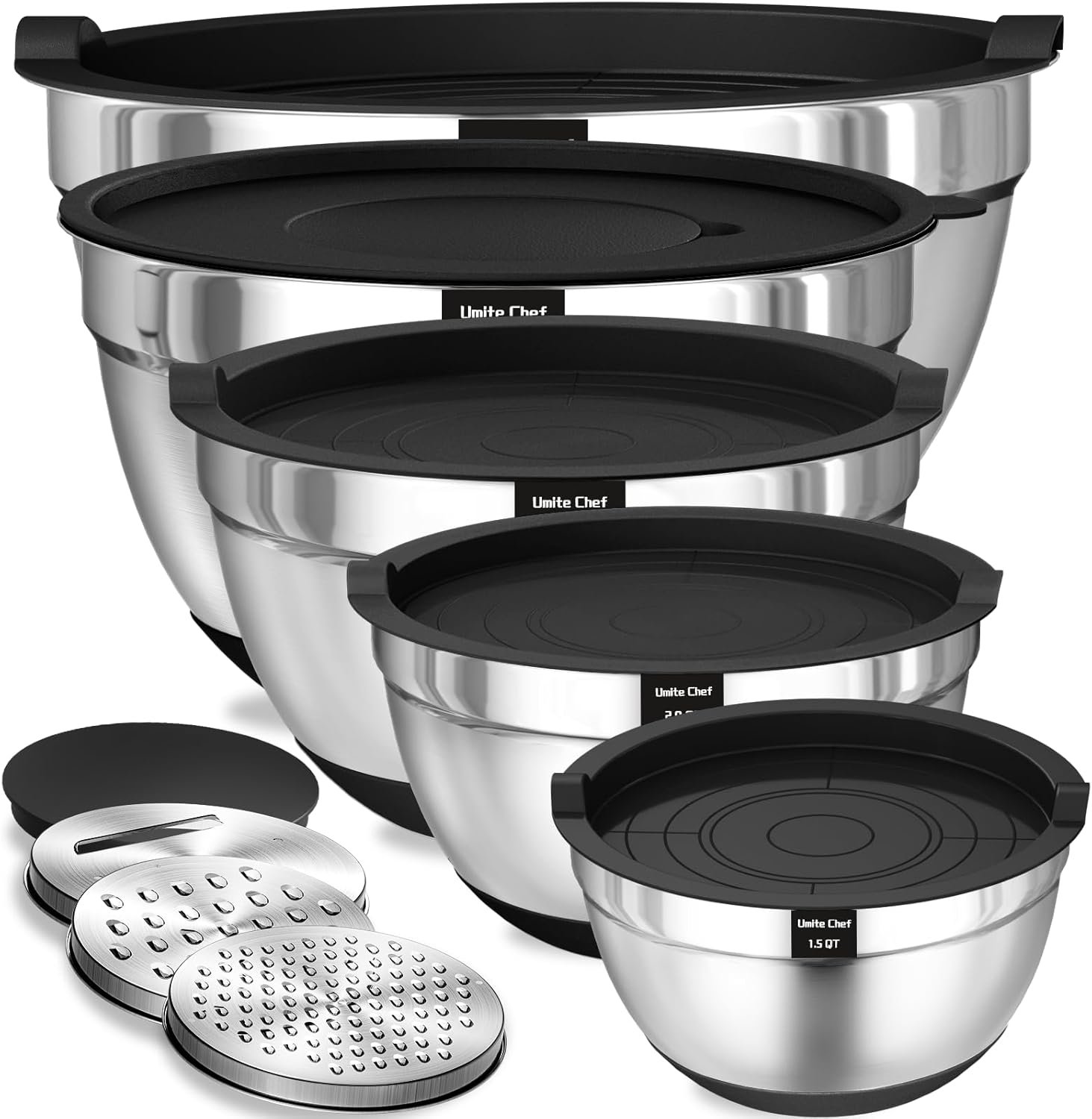 Umite Chef Cuencos para mezclar con tapas herméticas, juego de 8 cuencos de acero inoxidable para mezclar, 3 accesorios para rallar y parte inferior antideslizante, cuencos de cocina negros, tamaño 5,
