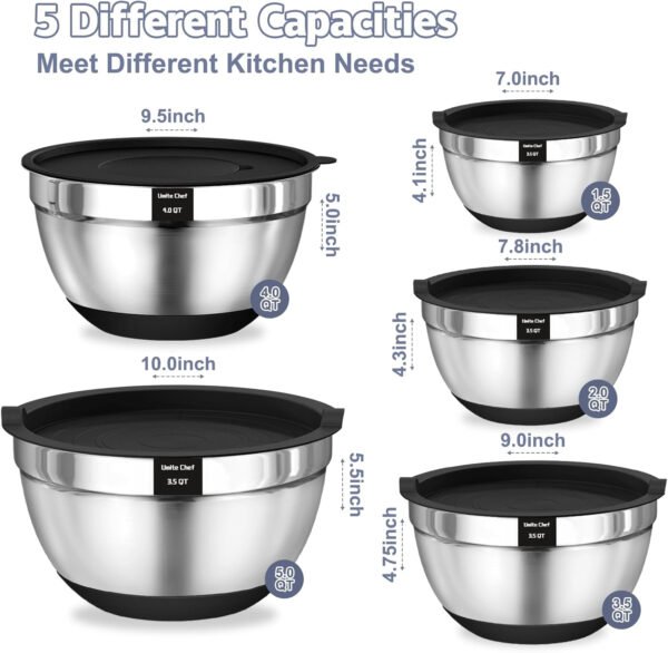 Umite Chef Cuencos para mezclar con tapas herméticas, juego de 8 cuencos de acero inoxidable para mezclar, 3 accesorios para rallar y parte inferior antideslizante, cuencos de cocina negros, tamaño 5, - Imagen 2