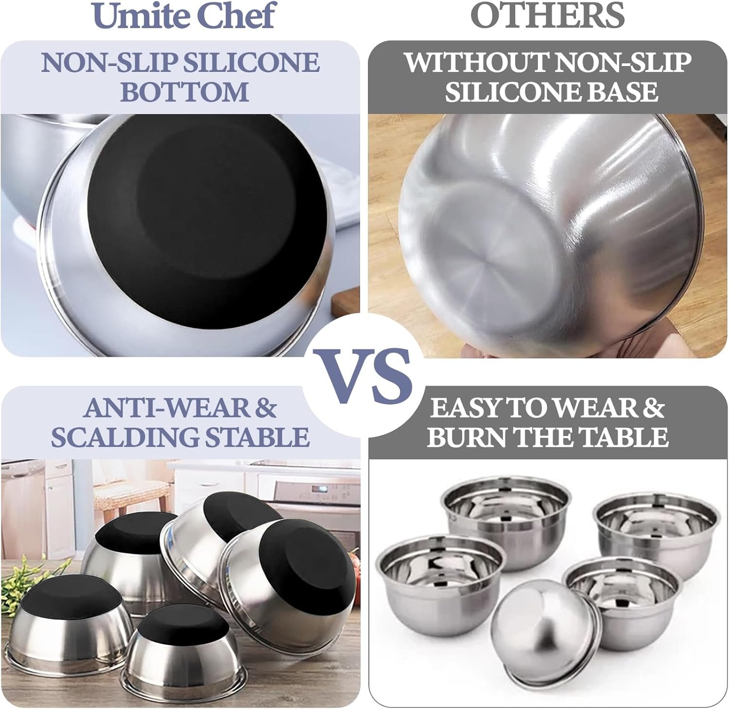 Umite Chef Cuencos para mezclar con tapas herméticas, juego de 8 cuencos de acero inoxidable para mezclar, 3 accesorios para rallar y parte inferior antideslizante, cuencos de cocina negros, tamaño 5, - Imagen 3