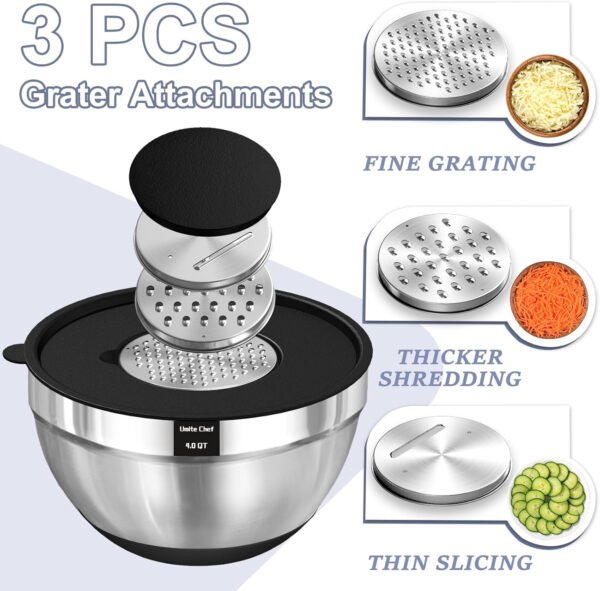 Umite Chef Cuencos para mezclar con tapas herméticas, juego de 8 cuencos de acero inoxidable para mezclar, 3 accesorios para rallar y parte inferior antideslizante, cuencos de cocina negros, tamaño 5, - Imagen 4
