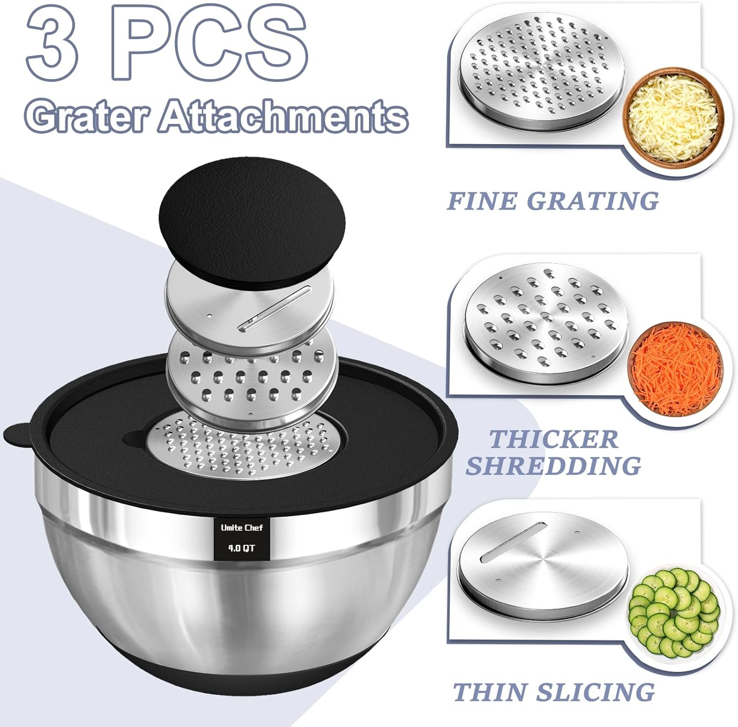 Umite Chef Cuencos para mezclar con tapas herméticas, juego de 8 cuencos de acero inoxidable para mezclar, 3 accesorios para rallar y parte inferior antideslizante, cuencos de cocina negros, tamaño 5, - Imagen 4