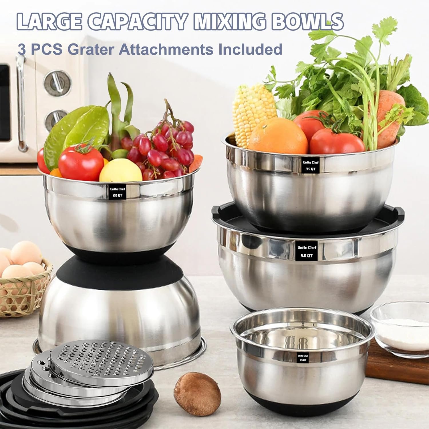 Umite Chef Cuencos para mezclar con tapas herméticas, juego de 8 cuencos de acero inoxidable para mezclar, 3 accesorios para rallar y parte inferior antideslizante, cuencos de cocina negros, tamaño 5, - Imagen 5