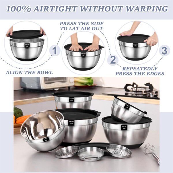 Umite Chef Cuencos para mezclar con tapas herméticas, juego de 8 cuencos de acero inoxidable para mezclar, 3 accesorios para rallar y parte inferior antideslizante, cuencos de cocina negros, tamaño 5, - Imagen 6