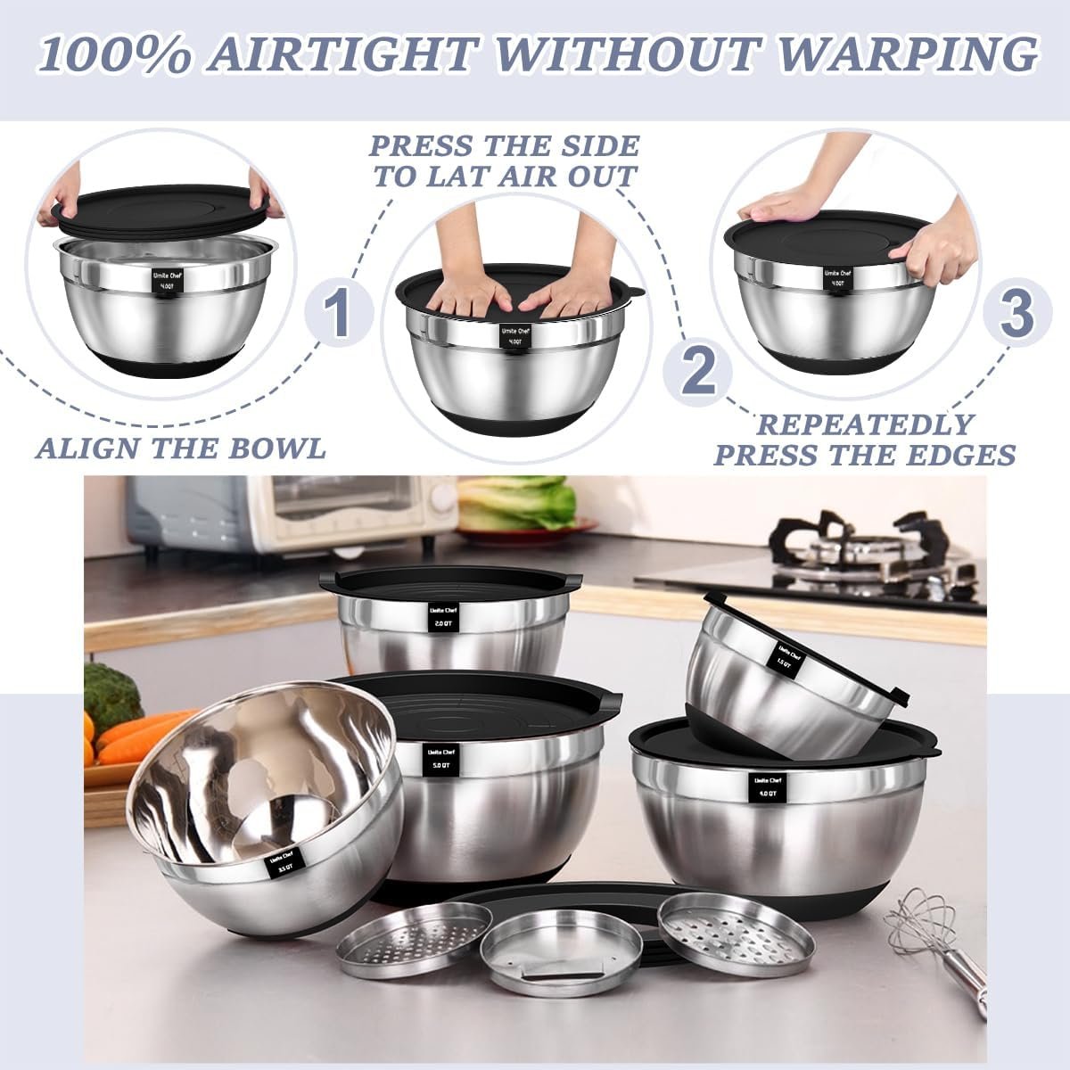 Umite Chef Cuencos para mezclar con tapas herméticas, juego de 8 cuencos de acero inoxidable para mezclar, 3 accesorios para rallar y parte inferior antideslizante, cuencos de cocina negros, tamaño 5, - Imagen 6