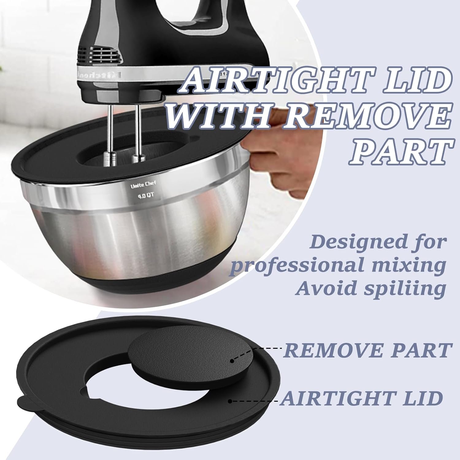 Umite Chef Cuencos para mezclar con tapas herméticas, juego de 8 cuencos de acero inoxidable para mezclar, 3 accesorios para rallar y parte inferior antideslizante, cuencos de cocina negros, tamaño 5, - Imagen 7