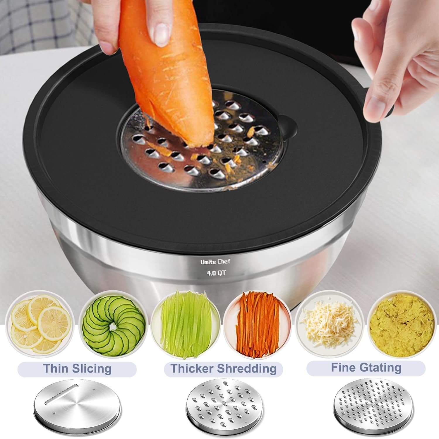 Umite Chef Cuencos para mezclar con tapas herméticas, juego de 8 cuencos de acero inoxidable para mezclar, 3 accesorios para rallar y parte inferior antideslizante, cuencos de cocina negros, tamaño 5, - Imagen 8