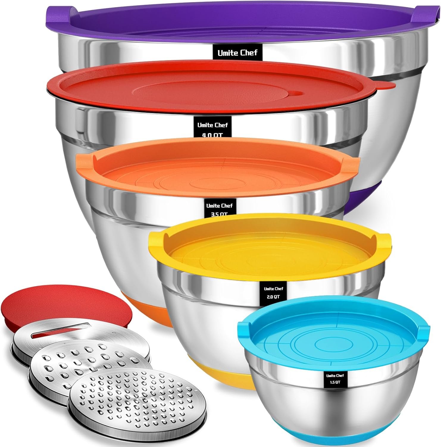 Umite Chef Cuencos para mezclar con tapas herméticas, juego de 8 cuencos de acero inoxidable para mezclar, 3 accesorios para rallar y parte inferior antideslizante, cuencos de cocina negros, tamaño 5, - Imagen 9