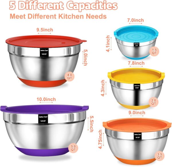 Umite Chef Cuencos para mezclar con tapas herméticas, juego de 8 cuencos de acero inoxidable para mezclar, 3 accesorios para rallar y parte inferior antideslizante, cuencos de cocina negros, tamaño 5, - Imagen 10