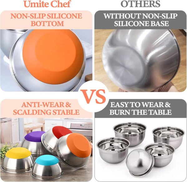 Umite Chef Cuencos para mezclar con tapas herméticas, juego de 8 cuencos de acero inoxidable para mezclar, 3 accesorios para rallar y parte inferior antideslizante, cuencos de cocina negros, tamaño 5, - Imagen 11