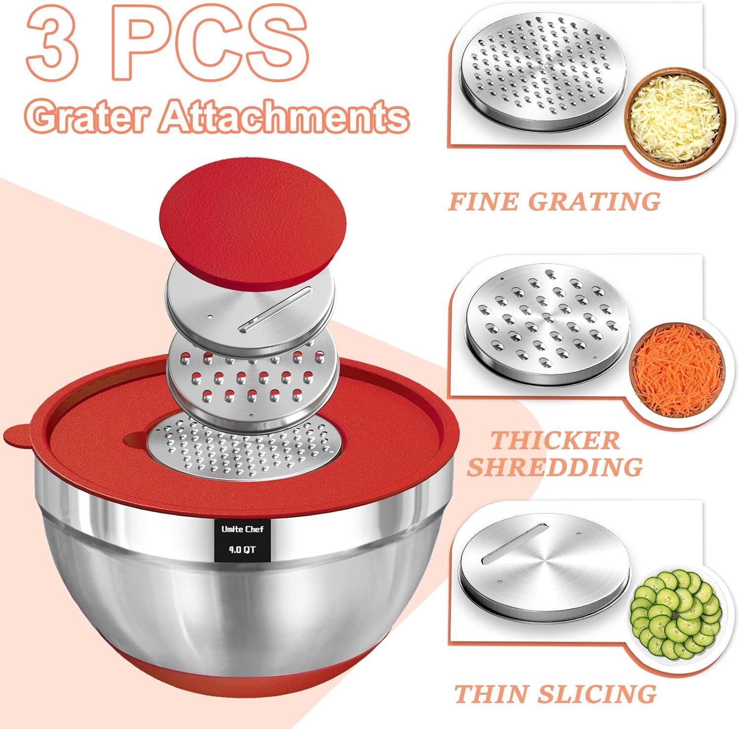 Umite Chef Cuencos para mezclar con tapas herméticas, juego de 8 cuencos de acero inoxidable para mezclar, 3 accesorios para rallar y parte inferior antideslizante, cuencos de cocina negros, tamaño 5, - Imagen 12