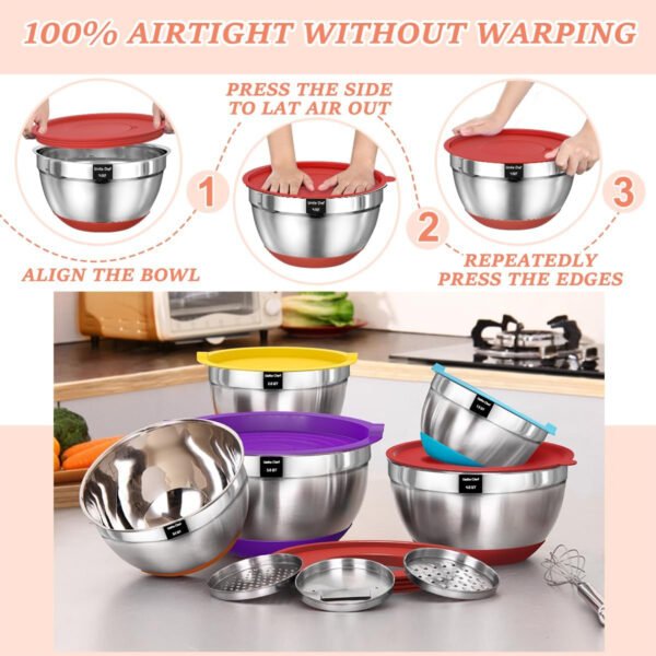 Umite Chef Cuencos para mezclar con tapas herméticas, juego de 8 cuencos de acero inoxidable para mezclar, 3 accesorios para rallar y parte inferior antideslizante, cuencos de cocina negros, tamaño 5, - Imagen 13