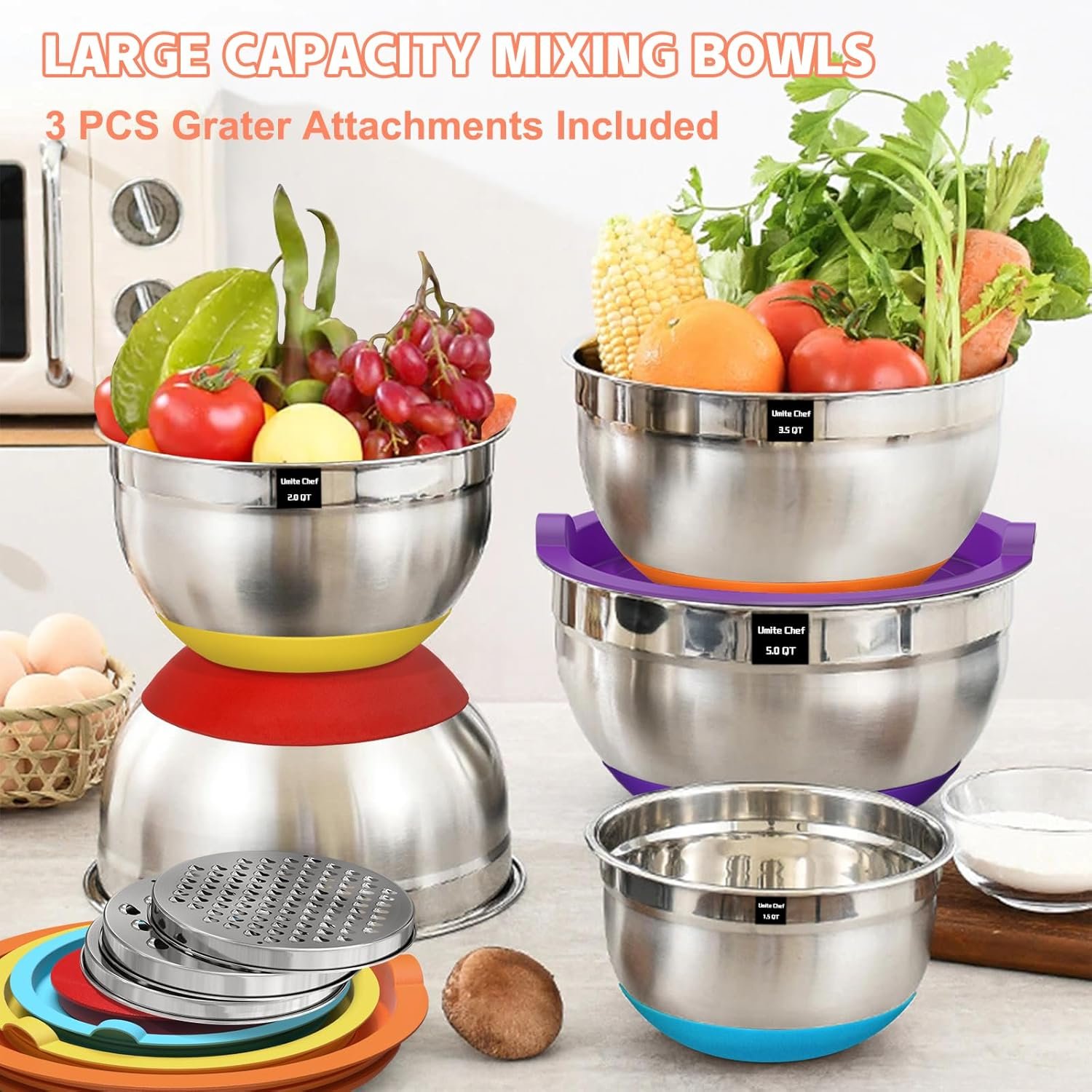 Umite Chef Cuencos para mezclar con tapas herméticas, juego de 8 cuencos de acero inoxidable para mezclar, 3 accesorios para rallar y parte inferior antideslizante, cuencos de cocina negros, tamaño 5, - Imagen 14