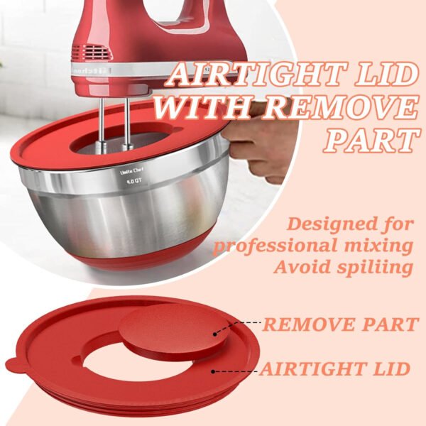 Umite Chef Cuencos para mezclar con tapas herméticas, juego de 8 cuencos de acero inoxidable para mezclar, 3 accesorios para rallar y parte inferior antideslizante, cuencos de cocina negros, tamaño 5, - Imagen 15