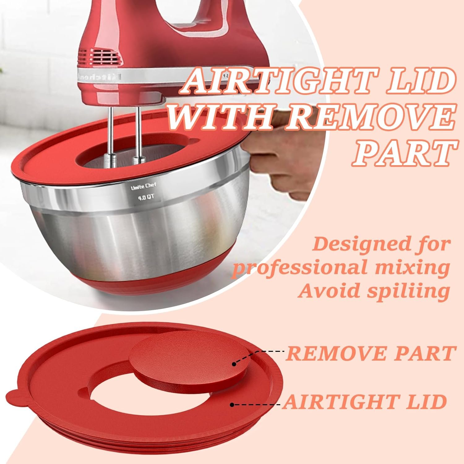 Umite Chef Cuencos para mezclar con tapas herméticas, juego de 8 cuencos de acero inoxidable para mezclar, 3 accesorios para rallar y parte inferior antideslizante, cuencos de cocina negros, tamaño 5, - Imagen 15
