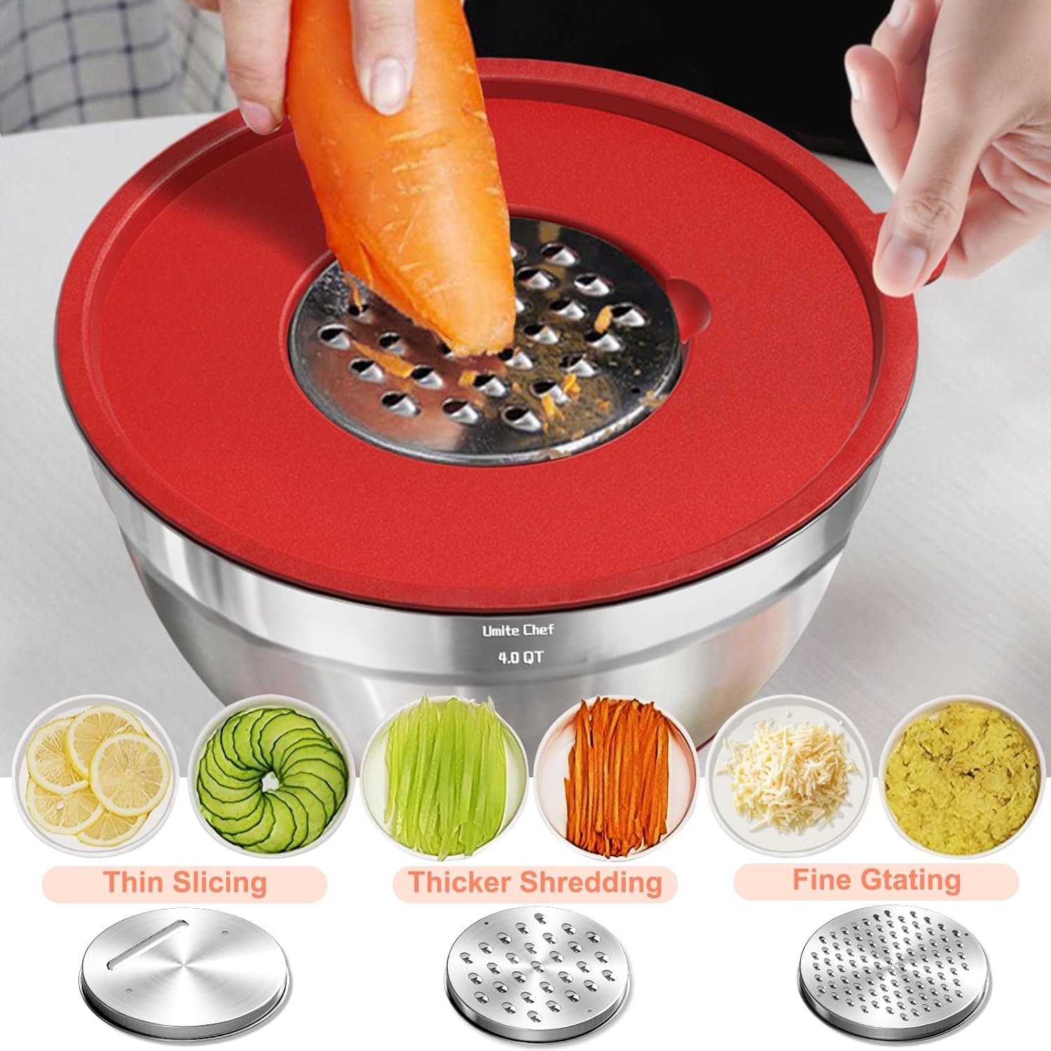 Umite Chef Cuencos para mezclar con tapas herméticas, juego de 8 cuencos de acero inoxidable para mezclar, 3 accesorios para rallar y parte inferior antideslizante, cuencos de cocina negros, tamaño 5, - Imagen 16