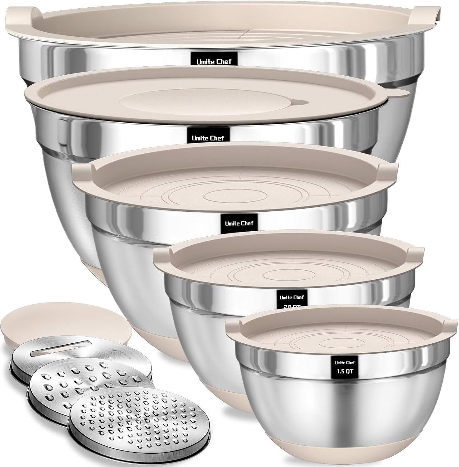 Umite Chef Cuencos para mezclar con tapas herméticas, juego de 8 cuencos de acero inoxidable para mezclar, 3 accesorios para rallar y parte inferior antideslizante, cuencos de cocina negros, tamaño 5, - Imagen 17
