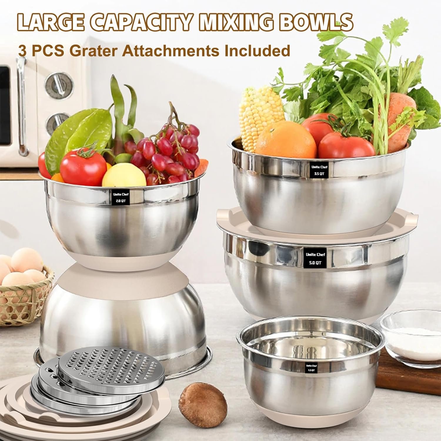 Umite Chef Cuencos para mezclar con tapas herméticas, juego de 8 cuencos de acero inoxidable para mezclar, 3 accesorios para rallar y parte inferior antideslizante, cuencos de cocina negros, tamaño 5, - Imagen 18