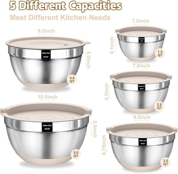 Umite Chef Cuencos para mezclar con tapas herméticas, juego de 8 cuencos de acero inoxidable para mezclar, 3 accesorios para rallar y parte inferior antideslizante, cuencos de cocina negros, tamaño 5, - Imagen 19