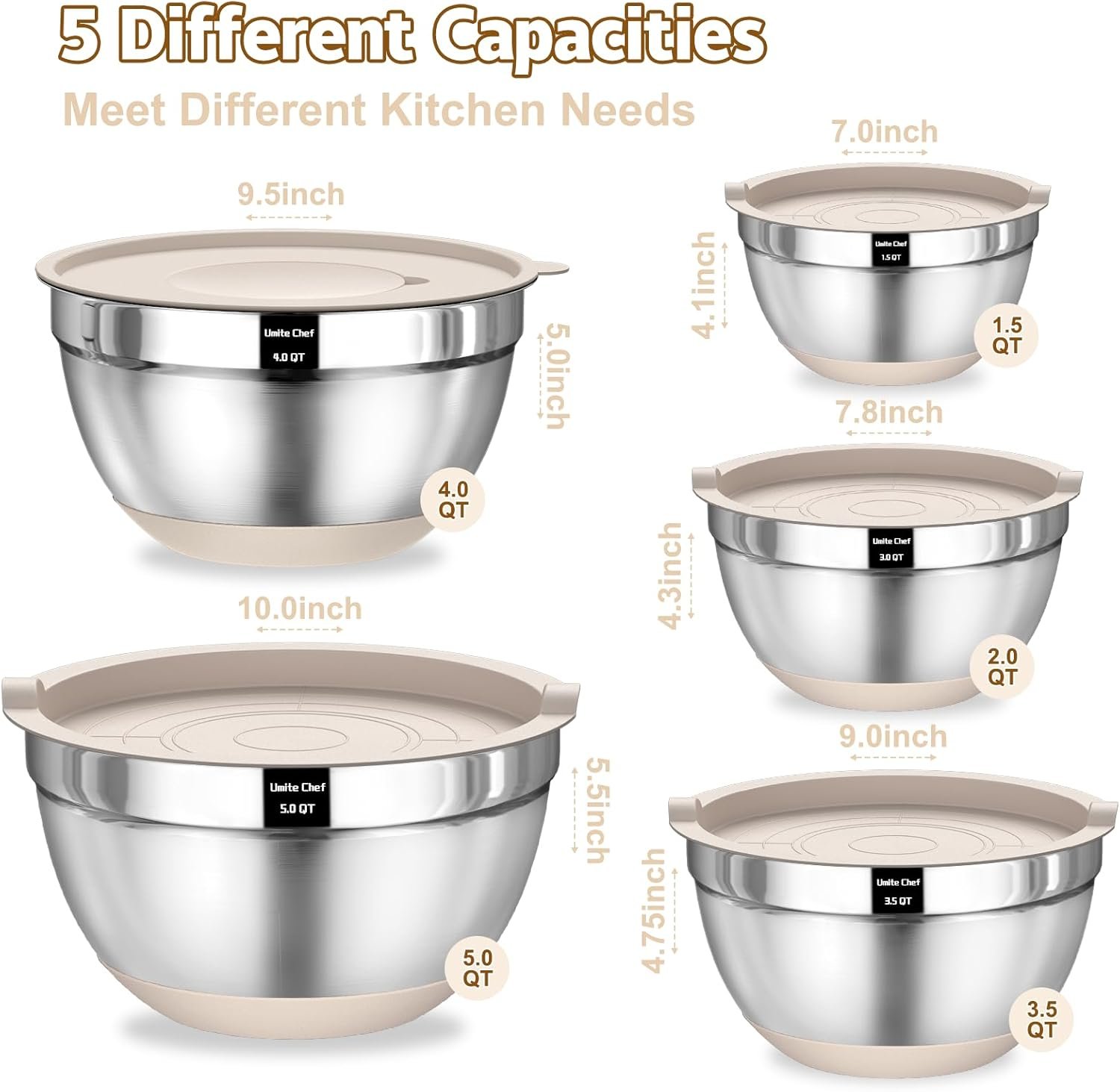 Umite Chef Cuencos para mezclar con tapas herméticas, juego de 8 cuencos de acero inoxidable para mezclar, 3 accesorios para rallar y parte inferior antideslizante, cuencos de cocina negros, tamaño 5, - Imagen 19