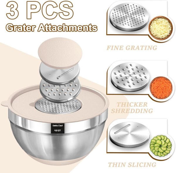 Umite Chef Cuencos para mezclar con tapas herméticas, juego de 8 cuencos de acero inoxidable para mezclar, 3 accesorios para rallar y parte inferior antideslizante, cuencos de cocina negros, tamaño 5, - Imagen 20