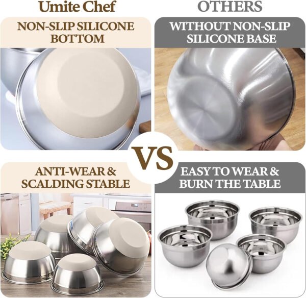 Umite Chef Cuencos para mezclar con tapas herméticas, juego de 8 cuencos de acero inoxidable para mezclar, 3 accesorios para rallar y parte inferior antideslizante, cuencos de cocina negros, tamaño 5, - Imagen 21