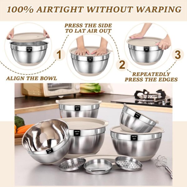 Umite Chef Cuencos para mezclar con tapas herméticas, juego de 8 cuencos de acero inoxidable para mezclar, 3 accesorios para rallar y parte inferior antideslizante, cuencos de cocina negros, tamaño 5, - Imagen 23