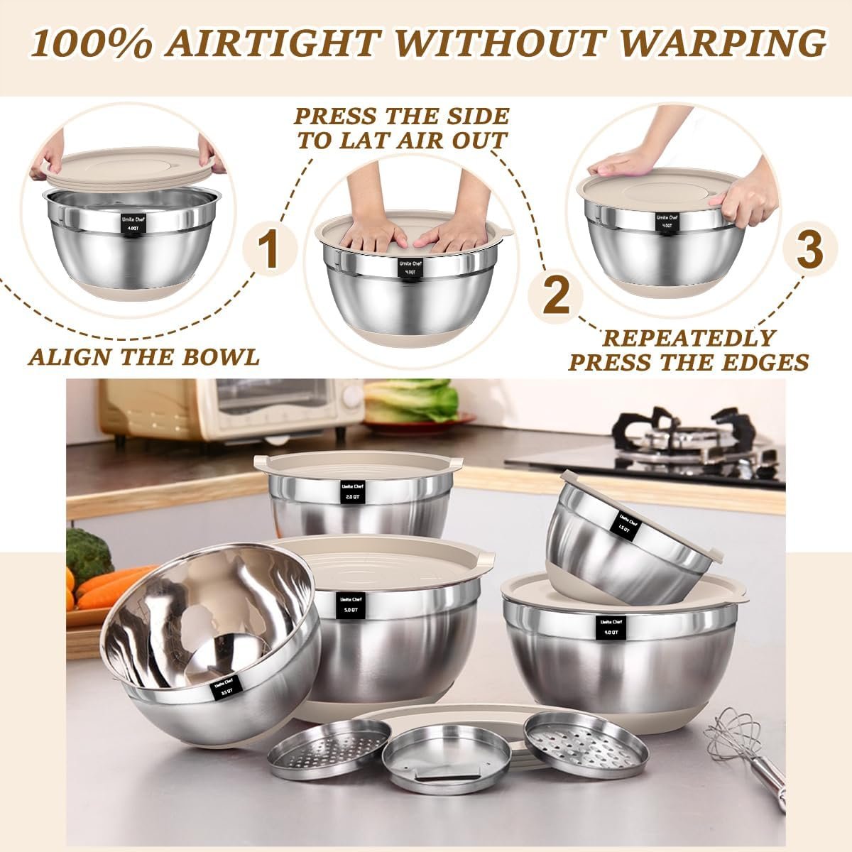 Umite Chef Cuencos para mezclar con tapas herméticas, juego de 8 cuencos de acero inoxidable para mezclar, 3 accesorios para rallar y parte inferior antideslizante, cuencos de cocina negros, tamaño 5, - Imagen 23