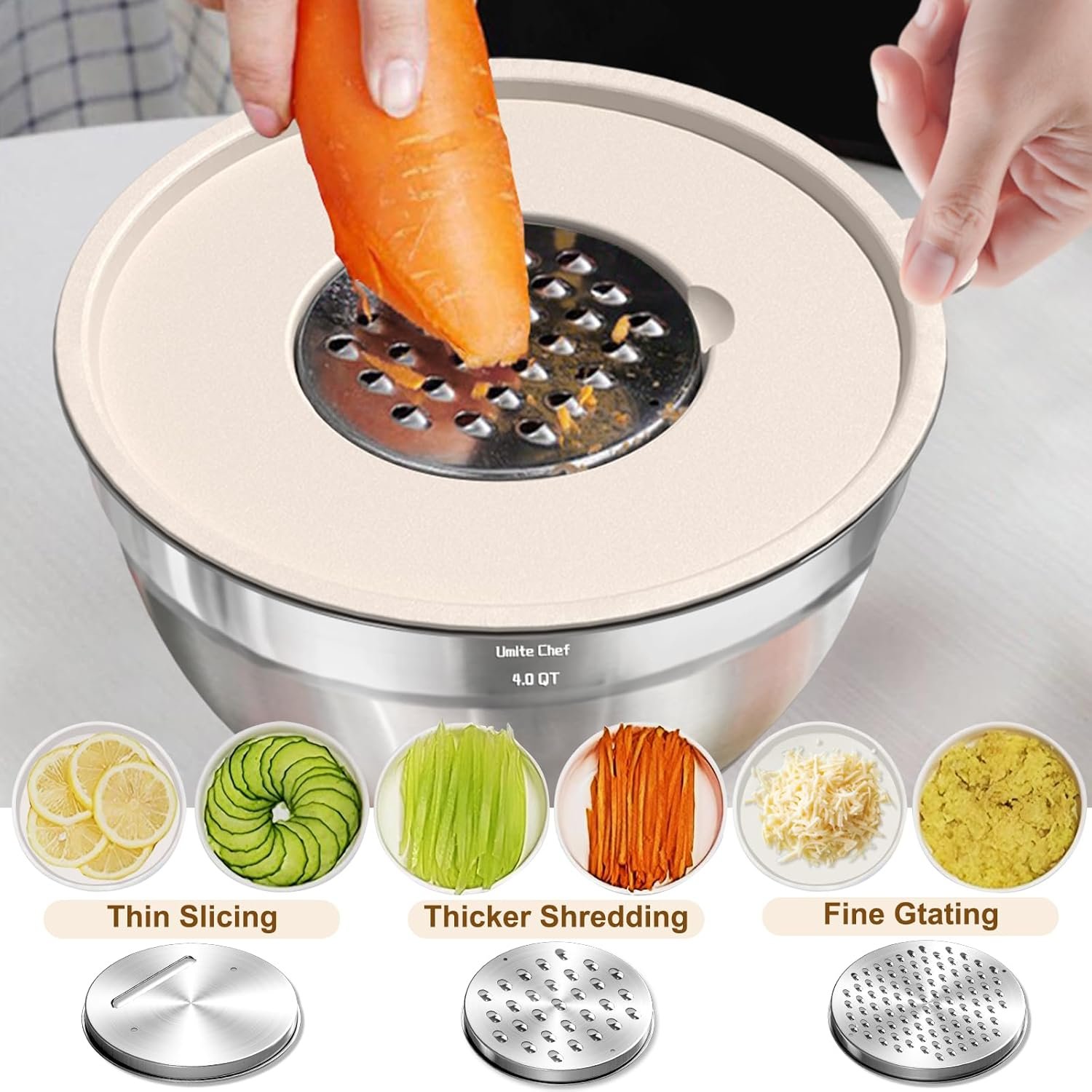 Umite Chef Cuencos para mezclar con tapas herméticas, juego de 8 cuencos de acero inoxidable para mezclar, 3 accesorios para rallar y parte inferior antideslizante, cuencos de cocina negros, tamaño 5, - Imagen 24