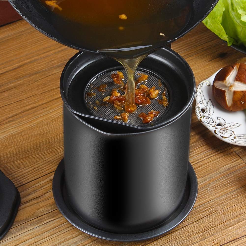 Cambom Contenedor de grasa de tocino con colador de malla fina, 1.3 l/casi 6 tazas completas, lata de aceite de cocina de hierro con bandeja extraíble para almacenamiento de grasa de cocina - Imagen 2