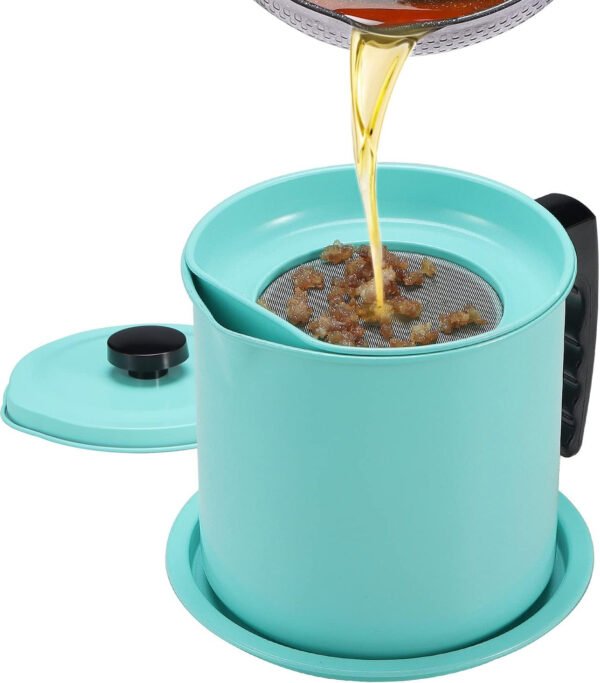 Cambom Contenedor de grasa de tocino con colador de malla fina, 1.3 l/casi 6 tazas completas, lata de aceite de cocina de hierro con bandeja extraíble para almacenamiento de grasa de cocina - Imagen 9