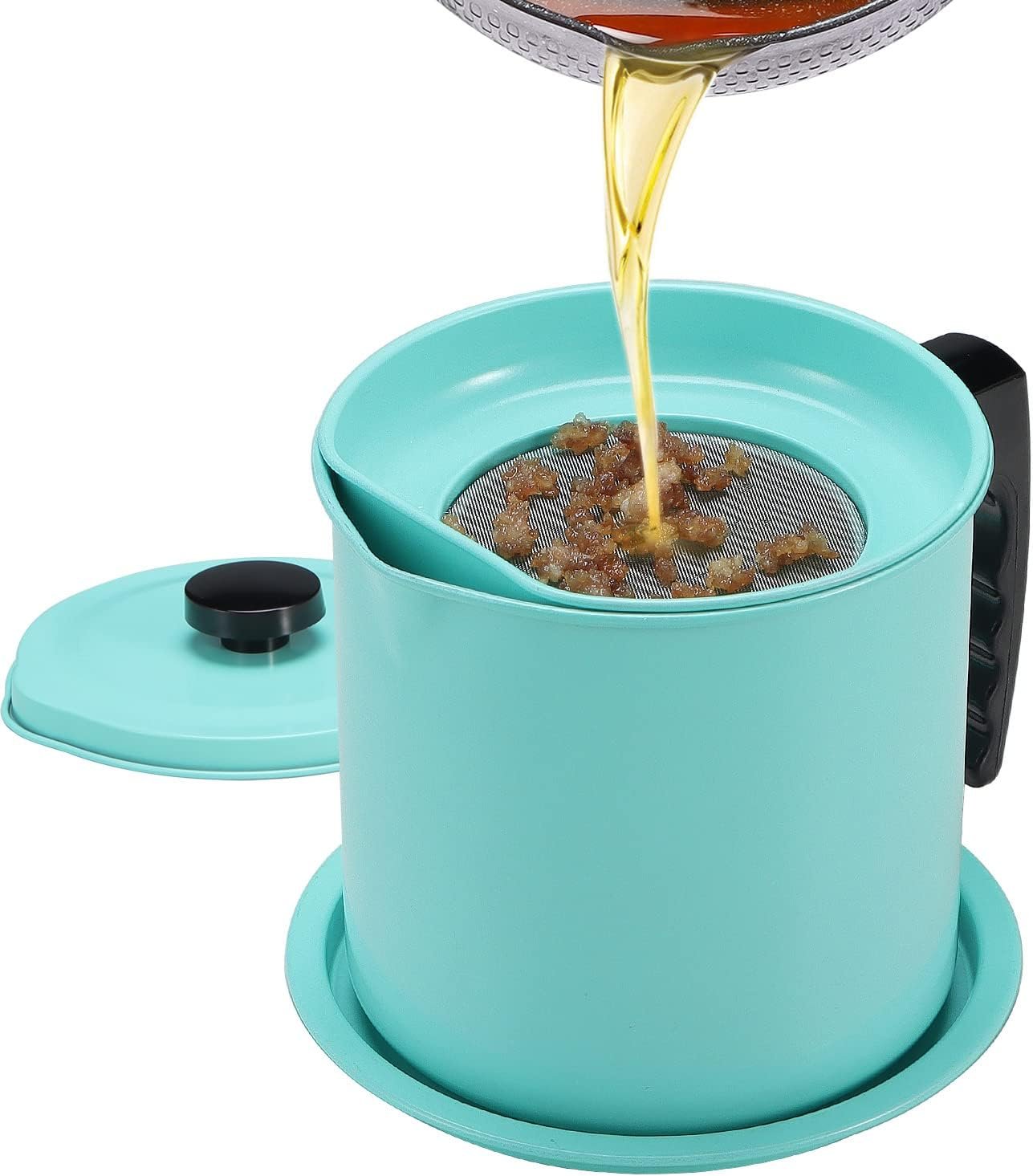 Cambom Contenedor de grasa de tocino con colador de malla fina, 1.3 l/casi 6 tazas completas, lata de aceite de cocina de hierro con bandeja extraíble para almacenamiento de grasa de cocina - Imagen 9