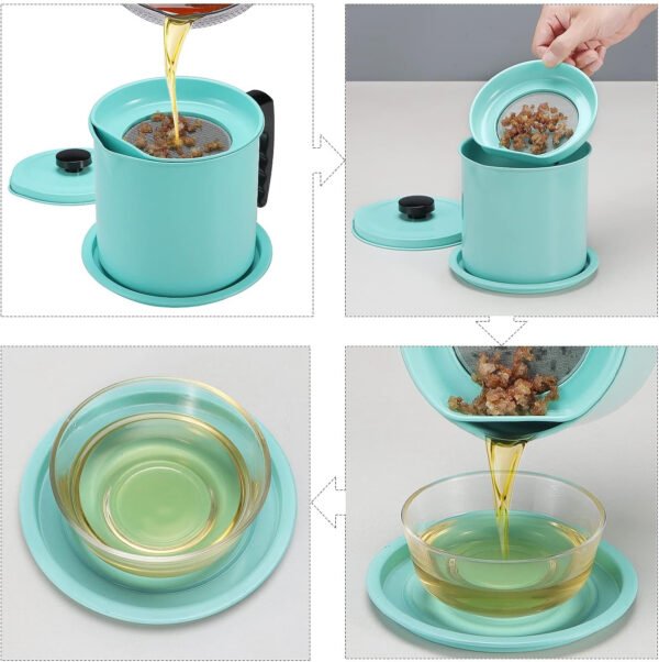 Cambom Contenedor de grasa de tocino con colador de malla fina, 1.3 l/casi 6 tazas completas, lata de aceite de cocina de hierro con bandeja extraíble para almacenamiento de grasa de cocina - Imagen 14