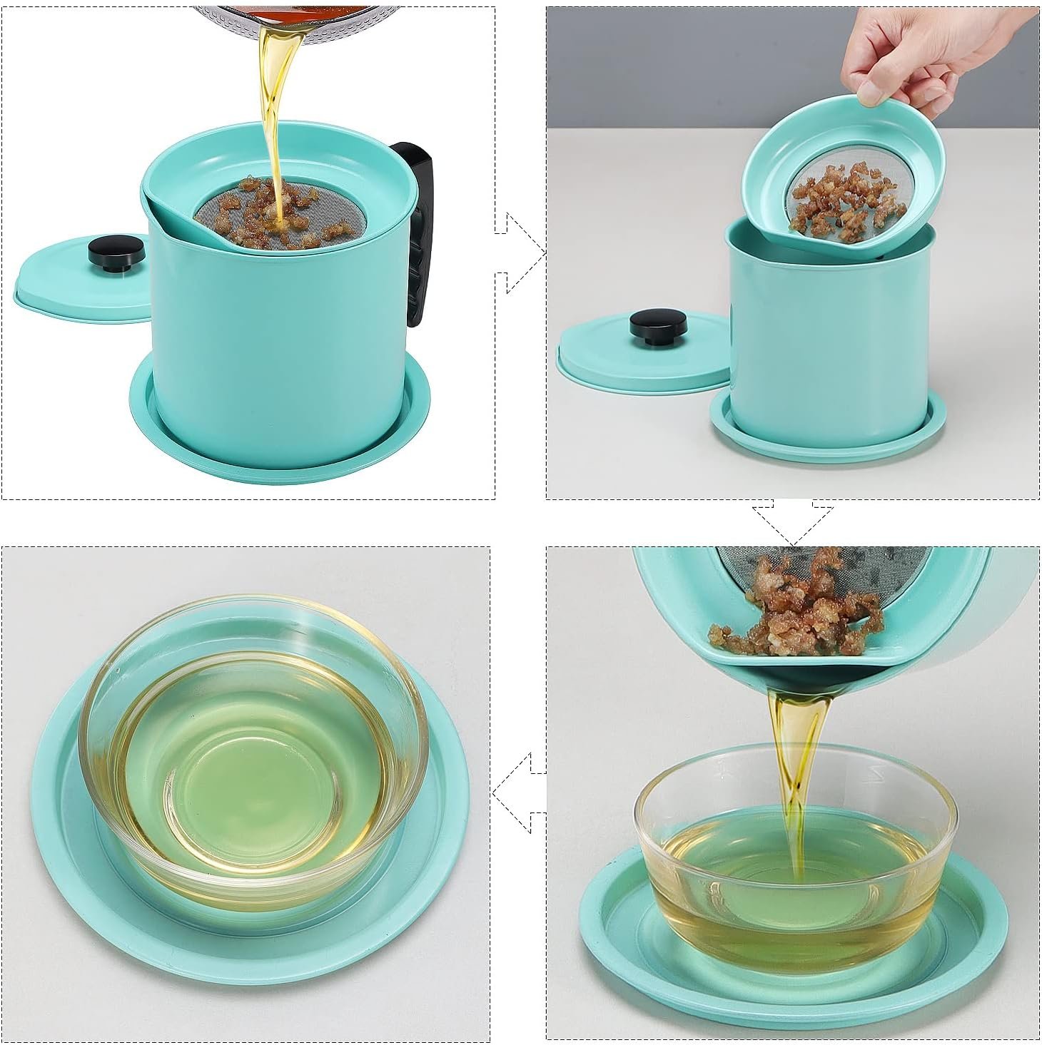 Cambom Contenedor de grasa de tocino con colador de malla fina, 1.3 l/casi 6 tazas completas, lata de aceite de cocina de hierro con bandeja extraíble para almacenamiento de grasa de cocina - Imagen 14